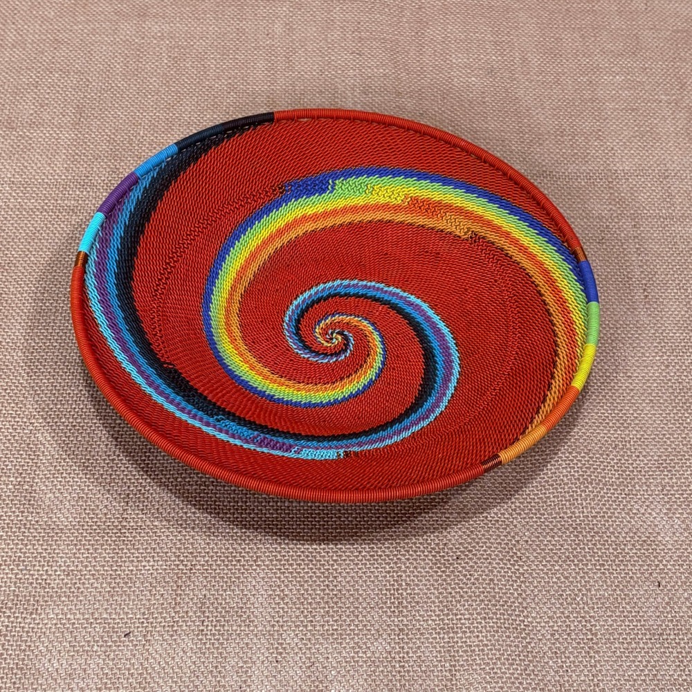 Zulu Telephone Wire Bowl South Africa Hand Woven Swirl Pattern Basket Art 9"